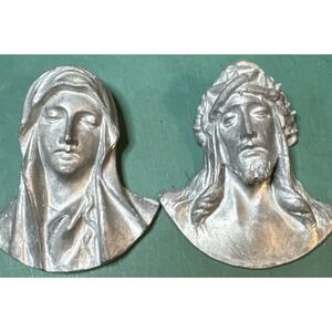 Virgin‎ Mary & Jesus 3D Pewter Figural Head Bust Wall Plaques 4.5"T x 4"W VTG